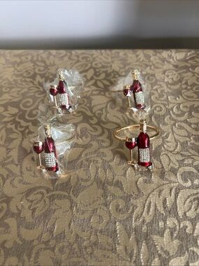 Lot Of 4 Metal Napkin Rings With Rhinestones, Champagne Wine Bottle